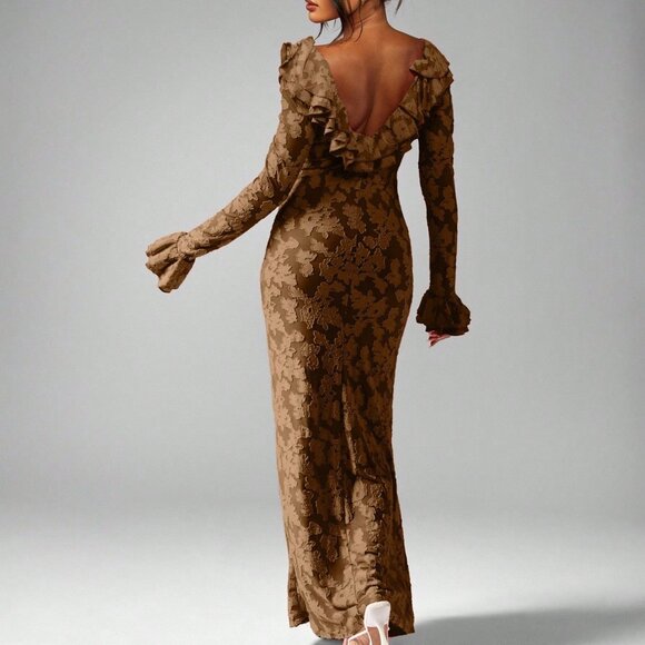 Brown Party Women's Long Sleeve Ruffle Maxi Dress - Picture 2 of 5